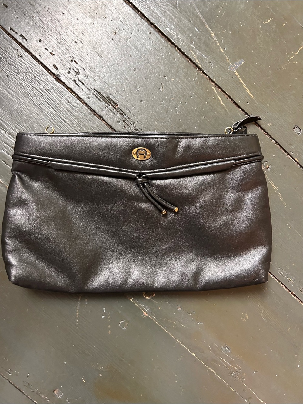 Etienne Aigner Vintage Black Leather Clutch Bag Gold Logo Tassel Evening Bag